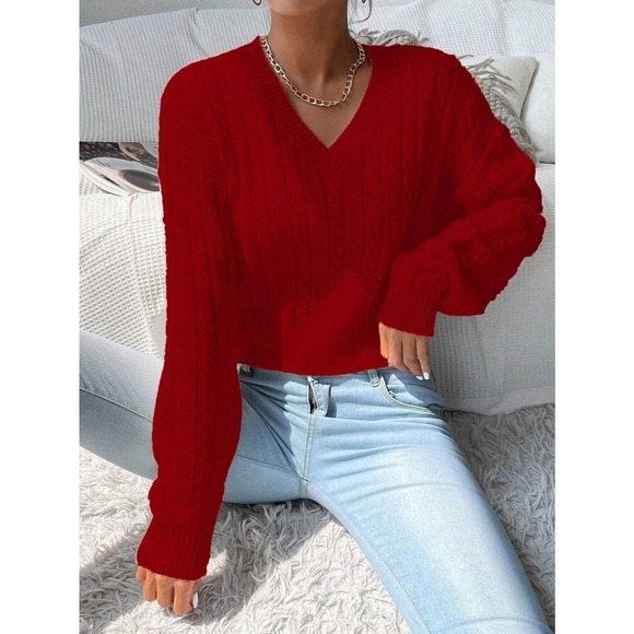 🌟 preppy V neck Cable Knit Sweater - Picture 9 of 11